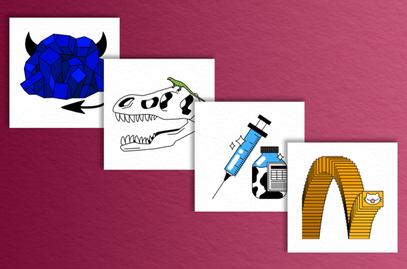 four illustrations tiled on a red background. from left to right, an illustration of a blue rock with devil horns and a tail, a t rex skull with a lizard on top, a syringe with a small medical vial that is cow printed, and replicating square featuring a cartoon cat face