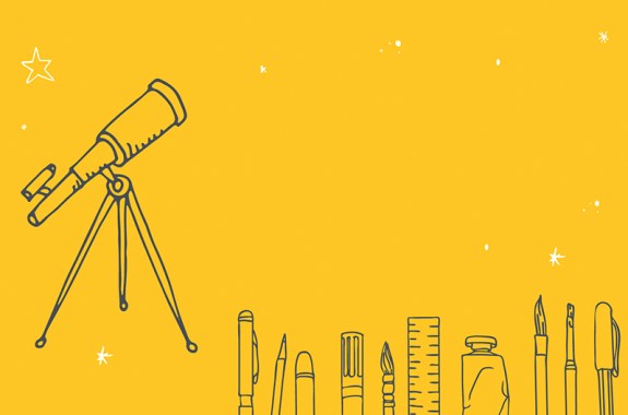 illustration of telescope at left, with various art-making supplies lined at the bottom like a skyline on a yellow background