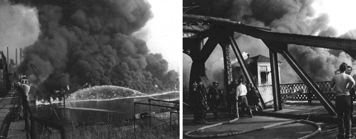 two black and white photos side by side. both depict a mighty black smoke on a river. the photos are captured from a bridge