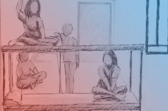 a sketch of four female figures in a bunk style cell. the image has a blue and red filter