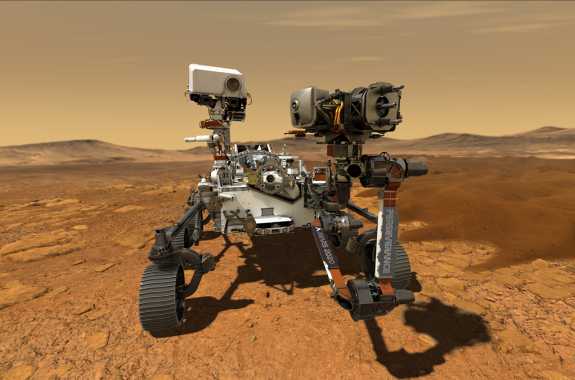 a colored illustration of a the front of a robot rover on the red desert terrain of mars