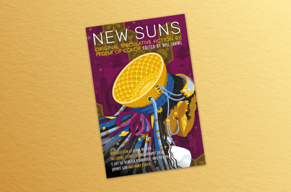 a book cover that says "new suns" with a black woman wearing a futuristic device on the back of her head