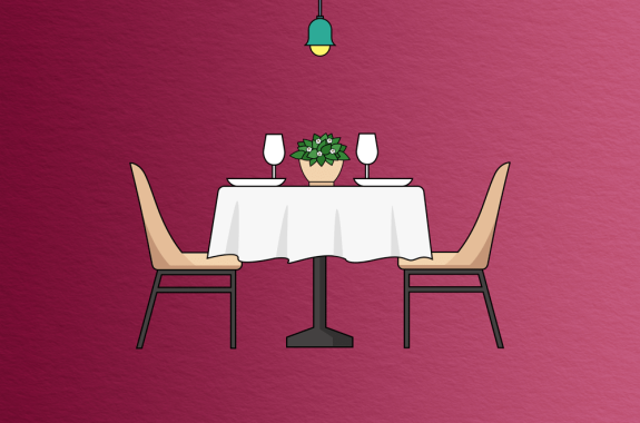 cartoon table with two empty chairs, flowers in the middle, and lightbulbs hanging