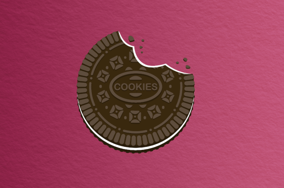 clip art style chocolate sandwich cookie with vanilla cream and a bite taken out of it against a reddish wine colored papery background