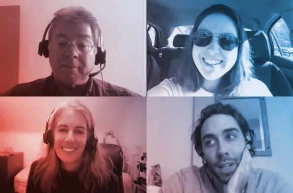 a collage of four screenshots from video chats with four people