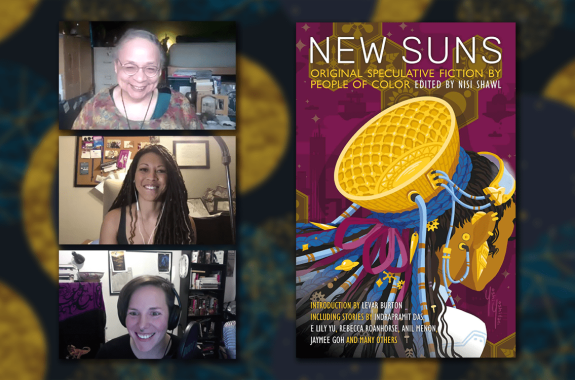three portraits of people in a video call collaged next to a book cover that reads "new suns"