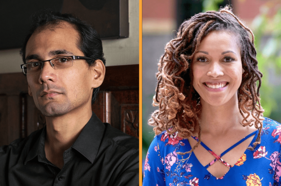 two portraits side by side. on the left is a man with glasses. on the right in black woman in a blue shirt