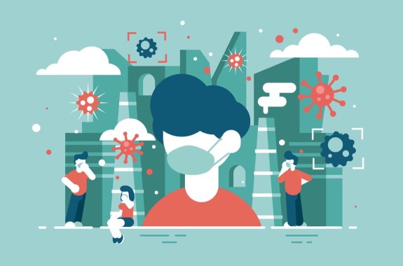 an abstract illustration of people in masks with a city in the background