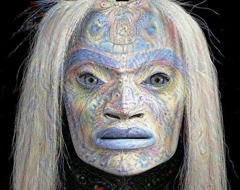 a computer animated trippy scary white face with long white hair opening and closing mouth