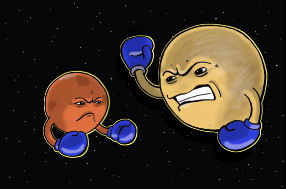 an illustration of the planets mars and venus, anthropomorphized with sneering faces and arms raised with blue boxing gloves on, floating on a black space with white dot stars background