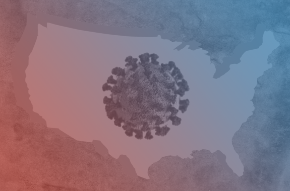 a graphic of the united states with a virus particle in the middle of the image, the image is filtered blue and red