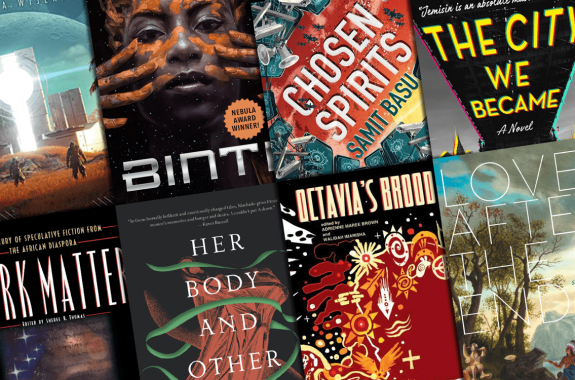 a collage of science fiction book covers by writers of color and many about diverse and historically marginalized communities