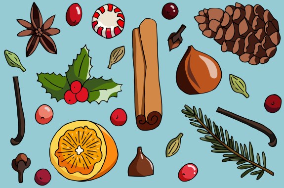 an illustration including an cinnamon stick, nuts, pine needles, berries, chocolates, peppermints, half an orange, pinecones