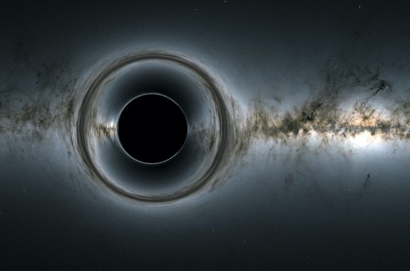 a computer simulation of a large black circle distorting a milky galaxy