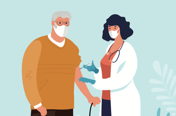 a woman wearing a mask in a lab coat wearing a stethoscope adminsters a vaccine shot to an older man, also wearing a mask