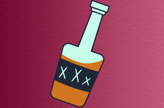 cartoon image of a moonshine bottle with XXX written on it and sloshing brown liquid, on a wine colored paper-textured background