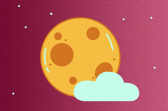 cartoonish yellow moon and fluffy clouds with a sprinkling of stars in the background against a wine-colored paper-textured background
