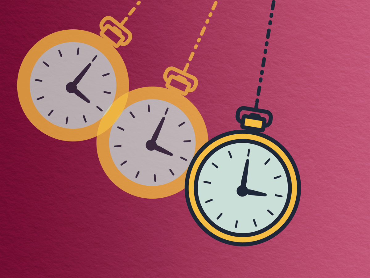 cartoonish yellow watch fading across the frame to indicate swinging back and forth, against wine-colored, papery textured background