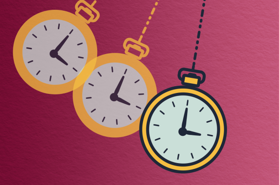 cartoonish yellow watch fading across the frame to indicate swinging back and forth, against wine-colored, papery textured background