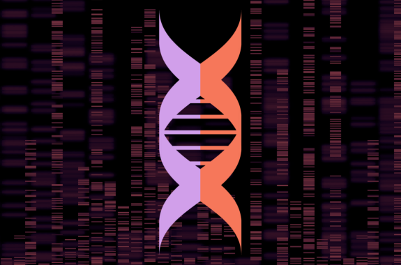 an illustration of a double helix dna in purple and orange. in the background are dna sequence bars
