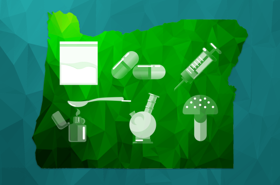 an abstract design of the state of oregon with illustrations of mushrooms, a baggie of cocaine, syringe, spoon over a lighter, pills, and a bong in the center of the state