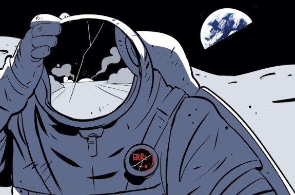 a comic illustration of an astronaut with a cracked visor showing a reflection of the moon's surface. behind the astronaut is the earth