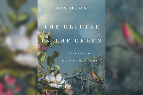 a book cover that shows a painted scene of a hummingbird, flowers, and foliage on a cloudy backdrop. the title reads " the glitter in the green" by jon dunn