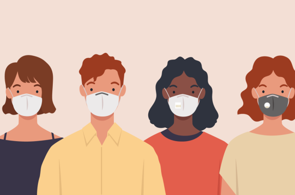 an illustration of four people, one black woman, two white women, and one white man, all wearing masks, looking straight ahead