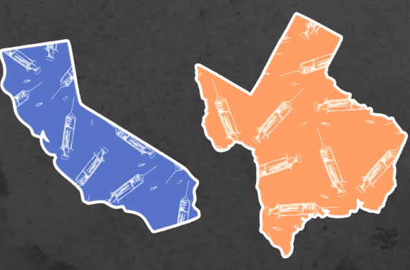 two outlines of states, california and texas. california is in blue and texas is shaded orange. both have illustrations of vaccine syringes in them