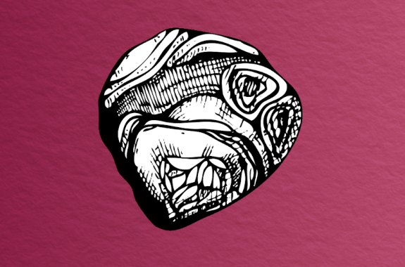 heart-shaped and lump-like abstract object with rivets and shading against a wine-colored adn paper-textured background