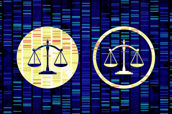 two graphics of scales one in a white circle another in a darker circle symbolizing ethics, in the background are genetic sequencing bands
