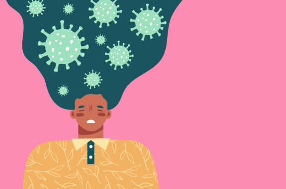 an illustration of a brown woman lying on our back with her hair spread out and abstract coronavirus particles in her hair