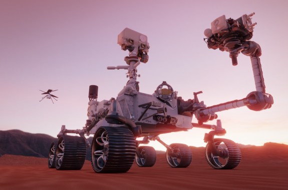 a 3d rendering of the perserverance mars rover shot from below it, with its mechanical arm extended while its drone flies in the background during a martian sunset