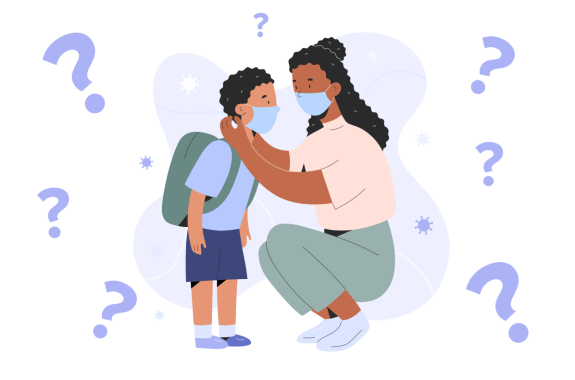 a black woman squats down to put a mask around her child, wearing a backpack. the woman is also wearing a mask. small germs and question marks float around both of them