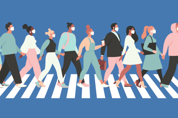 graphic illustration of people in white medical face mask walking down the street.