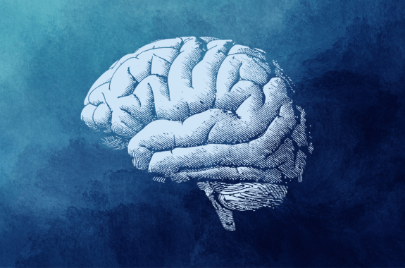 a graphic of a white brain on a blue watercolor background