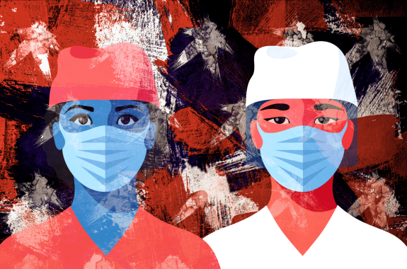 an abstract illustration of two illustrated nurses, one black, the other south asian, on a grungy messy abstract american flag