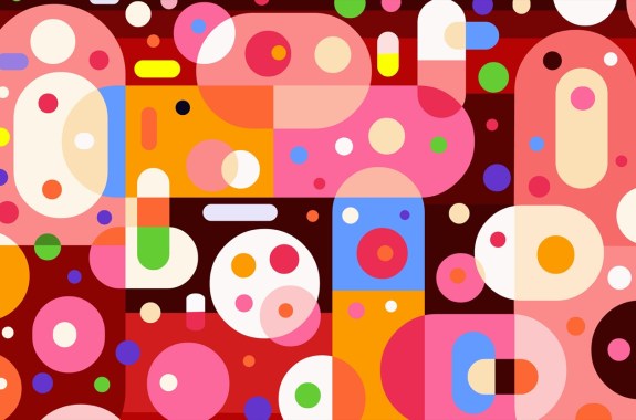 abstract colorful art of simplified pills in different colors and positions