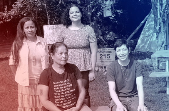 four members of the shinnecock tribe sit on a bench outside smiling. the image is filtered red and blue