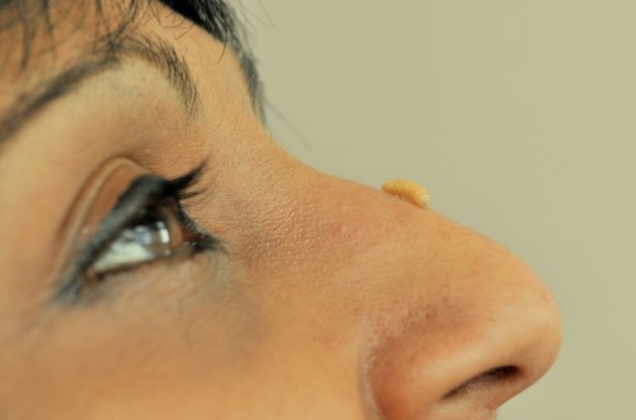 a close up of a small maggot crawling on a woman's nose