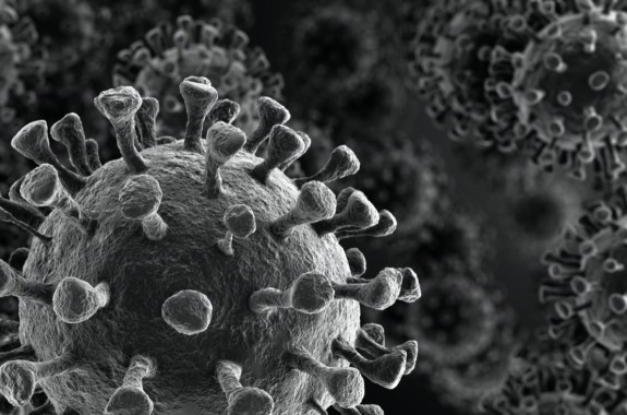 close up black and white 3D rendering of virus particles