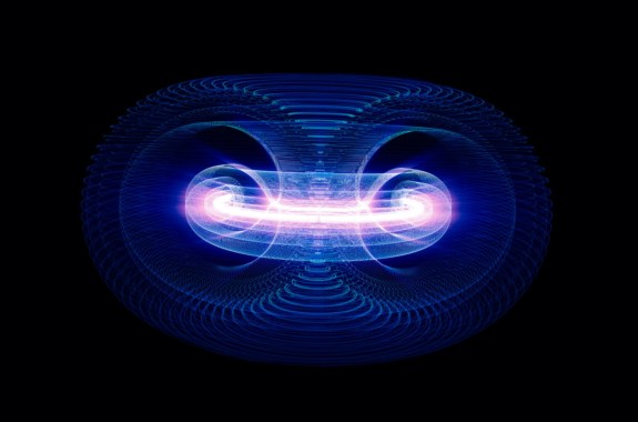 a computer visualization of the interior of a fusion reactor, showing a ring of light wrapping a center column like a donut