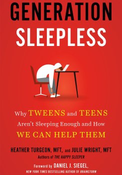 a book cover of a simple illustration of a teenage student slumped over at a desk with their head on the computer with text 'Generation Sleepless: Why Tweens and Teens Aren't Sleeping Enough and How We Can Help Them by ‘Heather Turgeon, MFT, and Julie Wright, MFT, authors of the happy sleeper. forward by Daniel j. siegel, new york times bestselling author of brainstorm