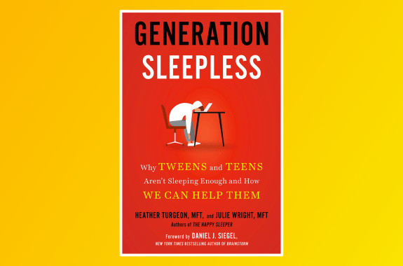 a book cover of a simple illustration of a teenage student slumped over at a desk with their head on the computer with text 'Generation Sleepless: Why Tweens and Teens Aren't Sleeping Enough and How We Can Help Them by ‘Heather Turgeon, MFT, and Julie Wright, MFT, authors of the happy sleeper. forward by Daniel j. siegel, new york times bestselling author of brainstorm