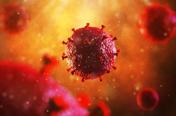 a computer visualization of a virus, represented as a red ball with dozens of spike proteins sticking out around its surface