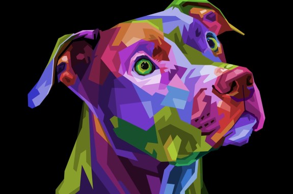 an illustration of a pitbull from the neck up. its skin is made up multicolored geometric patterns