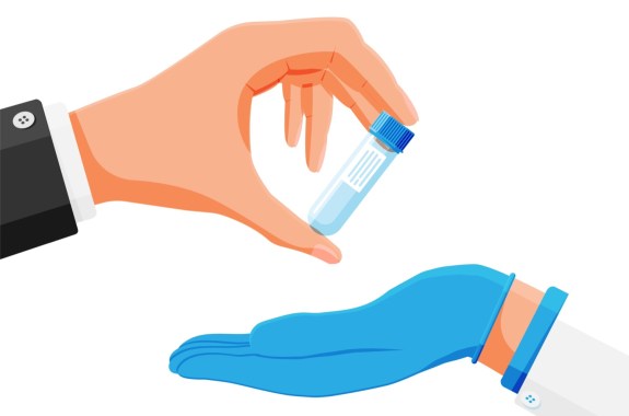 an illustration of two hands, both white. one is wearing a suit, giving a vial to what looks like the hand and arm of a doctor, wearing a white labcoat and a blue glove