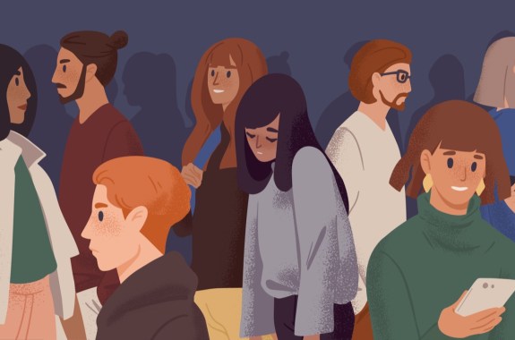 an illustration of teens walking in a hallway at a school. most are alert and smiling, but a girl in the middle has her eyes closed and is very tired