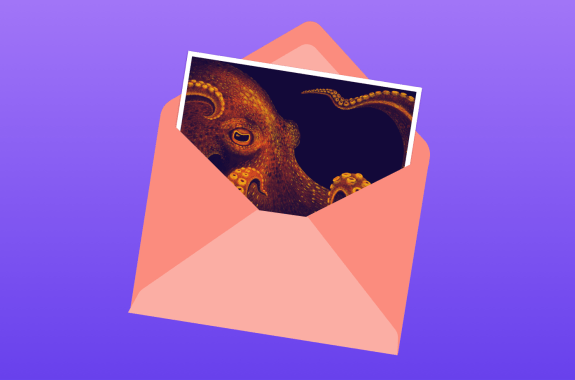 an illustration of a pink letter open revealing a card with an illustration of a cephalopod on it