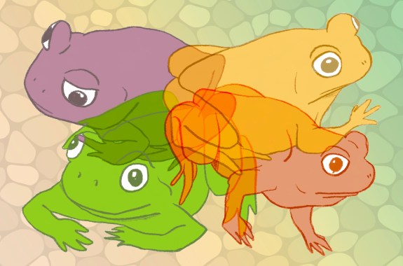 an illustration of four frogs of different colors facing out to the for corners of the image. their hind legs and rear ends overlap in the center. the background is abstract pebbles
